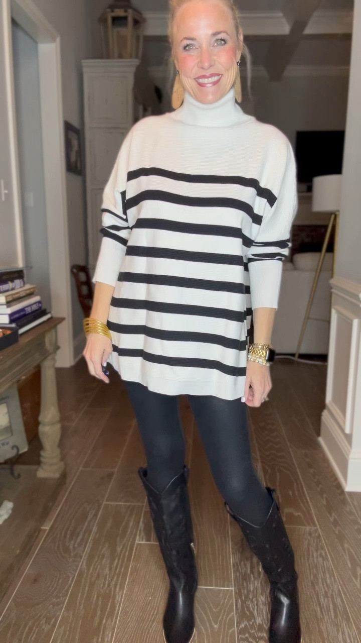 Whether 240 lbs or 140 lbs, this has always been a go-to look for me. 

I’ve updated it a bit this year by adding cowboy boots instead of booties. That’s the only switch you need to make to bring this into 2023. Cowboy boots are trending big time, and these from Amazon are unbelievably comfortable! 

I’m in a medium in the batwing sweater and faux leather leggings. 

This sweater has been popular for years in stripes and in solids. It also looks great with a front tuck in slip skirts, trousers, denim midi skirts, jeans, and even shorts! There’s not much you can’t do with this one. Great closet staple to have. 

#LTKmidsize #LTKplussize #LTKover40