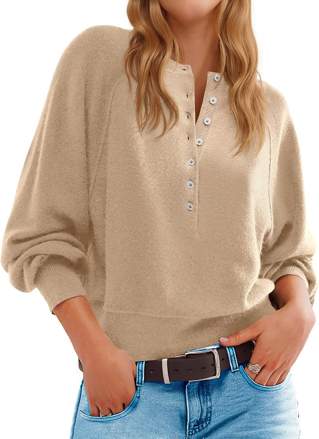 Saodimallsu Womens Button Crew Neck Sweater Fall Long Sleeve Henley Shirts Trendy Loose Knit Pullover Tops | Amazon (US)