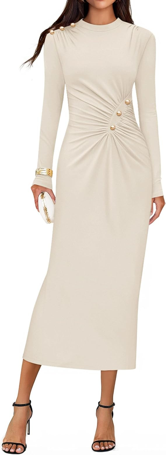 ZESICA Womens 2026 Fall Long Sleeve Mock Neck Bodycon Midi Dress Ruched Knit Elegant Party Cockta... | Amazon (US)