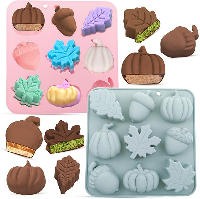 2-Pack Thick Fall Silicone Molds - 9-Cavity Pumpkin, Leaves, Pinecone Fall Molds for Baking - DIY... | Amazon (US)