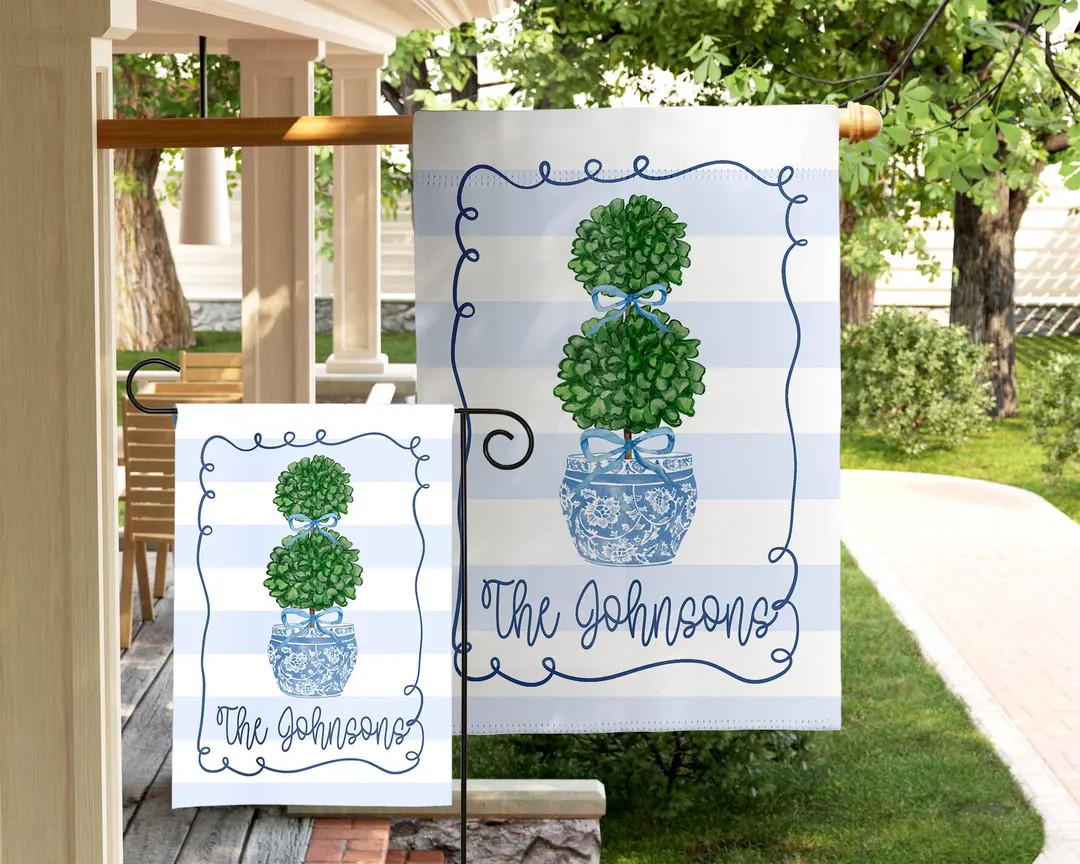 Personalized Topiary Garden Flag Mothers Day Gift Custom Family Name Flag Blue Chinoiserie Pot Pr... | Etsy (US)