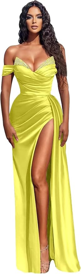Off Shoulder Mermaid Prom Dresses Satin Ball Gown Beaded Evening Wedding Bridesmaid Dresses Forma... | Amazon (US)