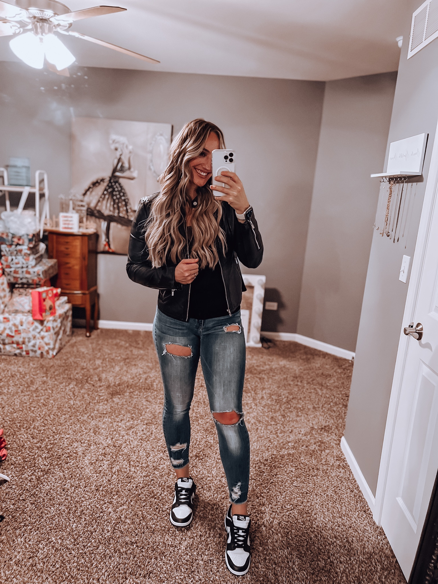 Date night outfit.  Casual outfit idea. Jeans. Distressed jeans. Skinny jeans. Panda dunks. Nike dunks. Jordan’s. Leather jacket. Black bodysuit. Girls night out outfit. Gold jewelry. Amazon fashion. Amazon outfits, sneakers, gym shoes

#LTKshoecrush #LTKstyletip #LTKsalealert