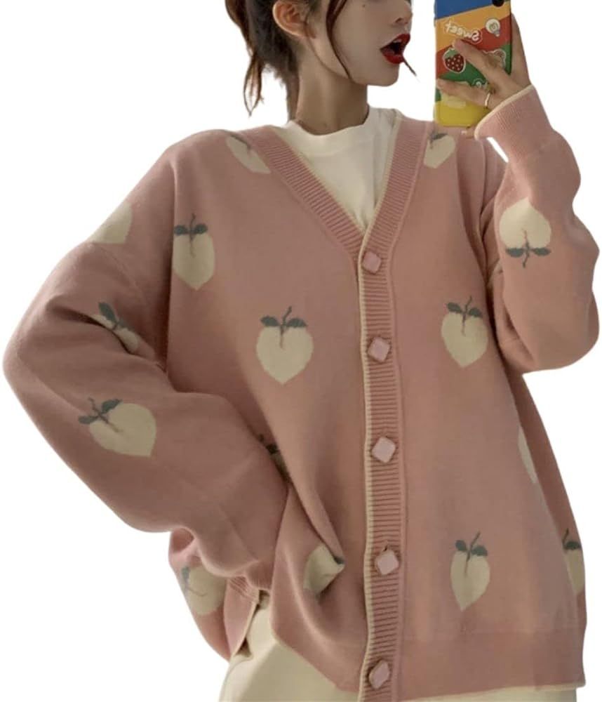 FindThy Women’s Kawaii Harajuku Cardigan Long Sleeve Peach Print Cute Cardigans Knitted Sweater | Amazon (US)