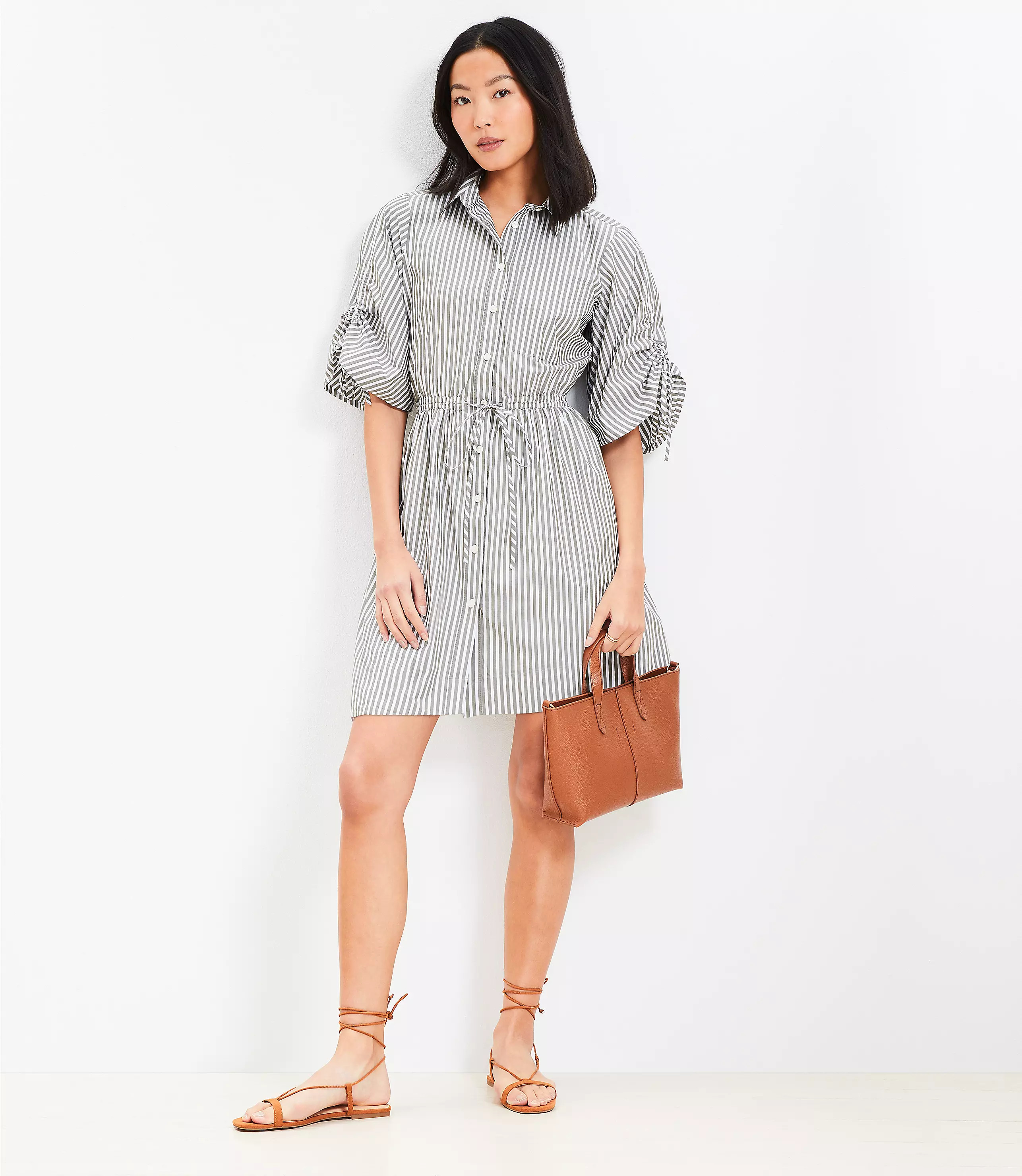 Striped Poplin Tie Sleeve Mini Pocket Shirtdress | LOFT