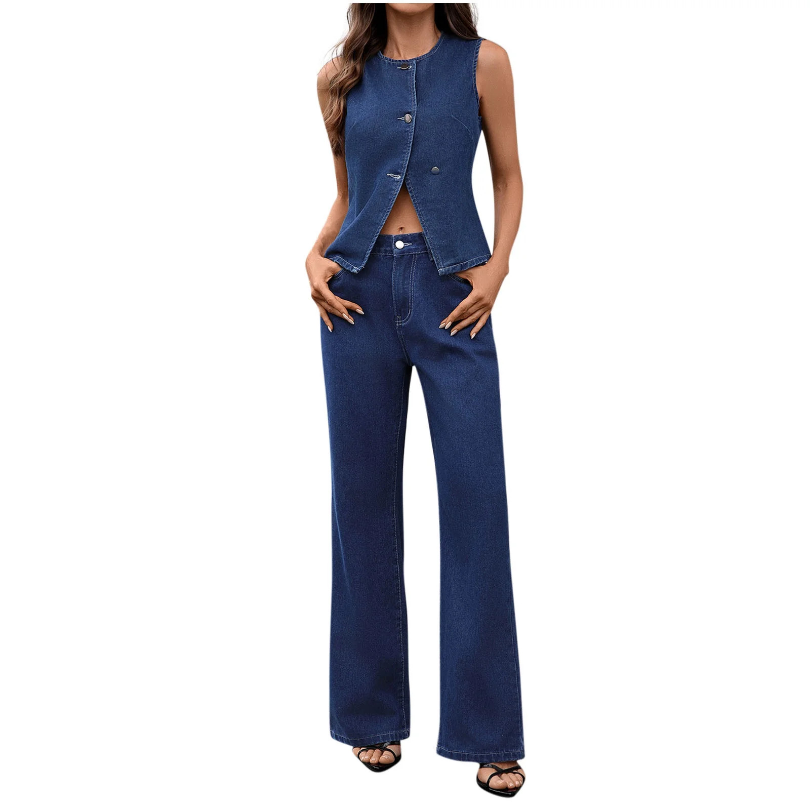 Women’s Two Piece Denim Set Crew Neck Button Down Fitted Jean Vest Top and High Waisted Wide Le... | Walmart (US)