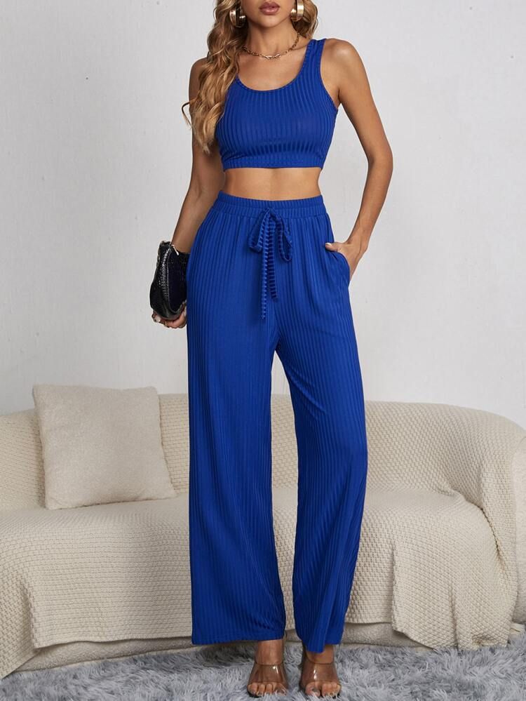 Solid Ribbed Knit Crop Tank Top & Tie Front Pants | SHEIN