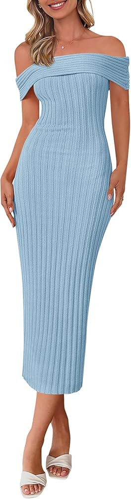 PRETTYGARDEN Summer Dresses for Women 2025 Formal Off The Shoulder Midi Bodycon Ribbed Knit Sprin... | Amazon (US)