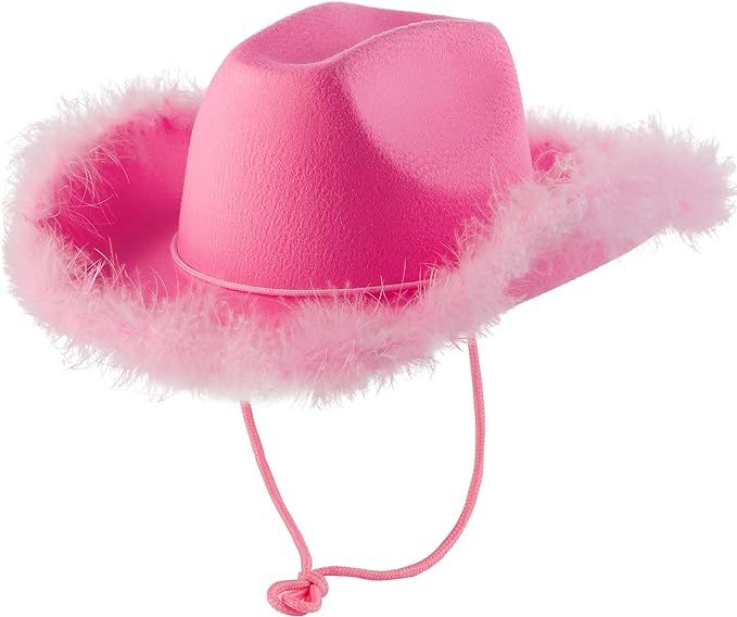 Pink Cowgirl Hat with Feather Boa - Fluffy Feather Brim Adult Size Cowboy Hat with Feathers for B... | Amazon (US)
