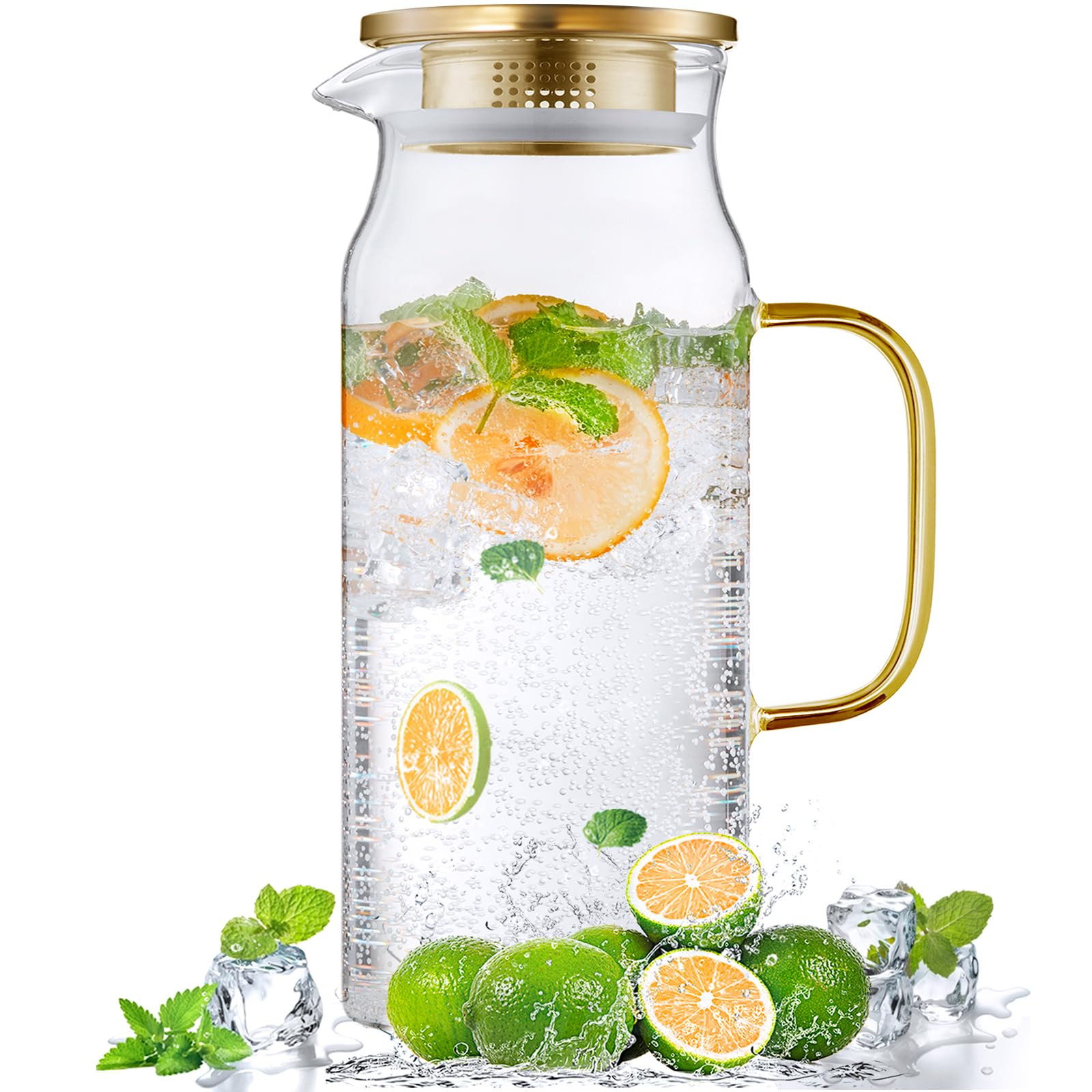 Amazon.com: Bivvclaz 2 Liter 68 oz Gold Glass Pitcher with Lid and Handle, Glass Carafe for Hot/C... | Amazon (US)