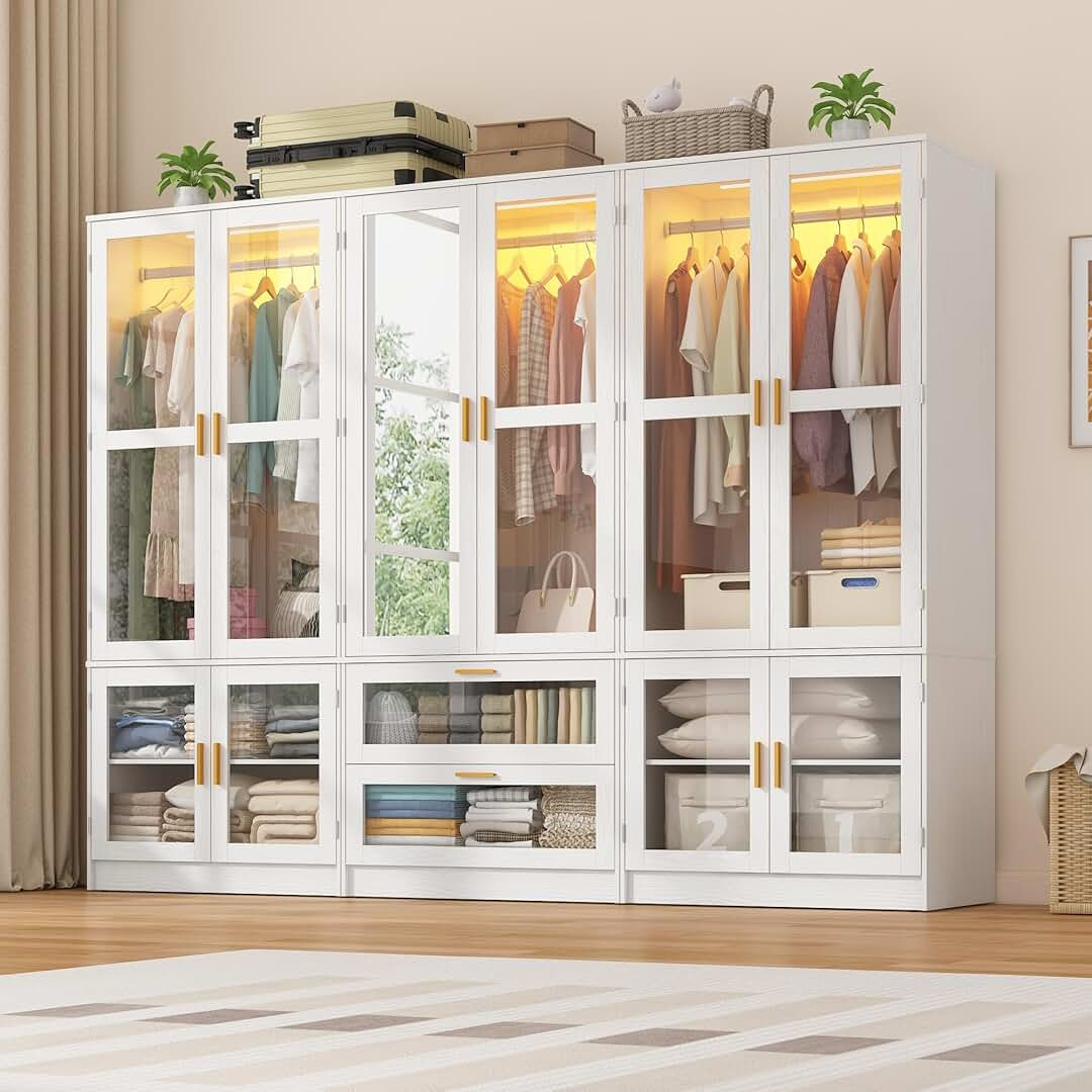 6 Doors Armoire Wardrobe Closet with LED and Mirror,71" H Freestanding Wooden Wardrobe Closet Cabinet for Bedroom w 2 Drawers,Wooden Clothing Storage Cabinet w Hanging Rod,Closets for Bedroom(White) | Amazon (US)