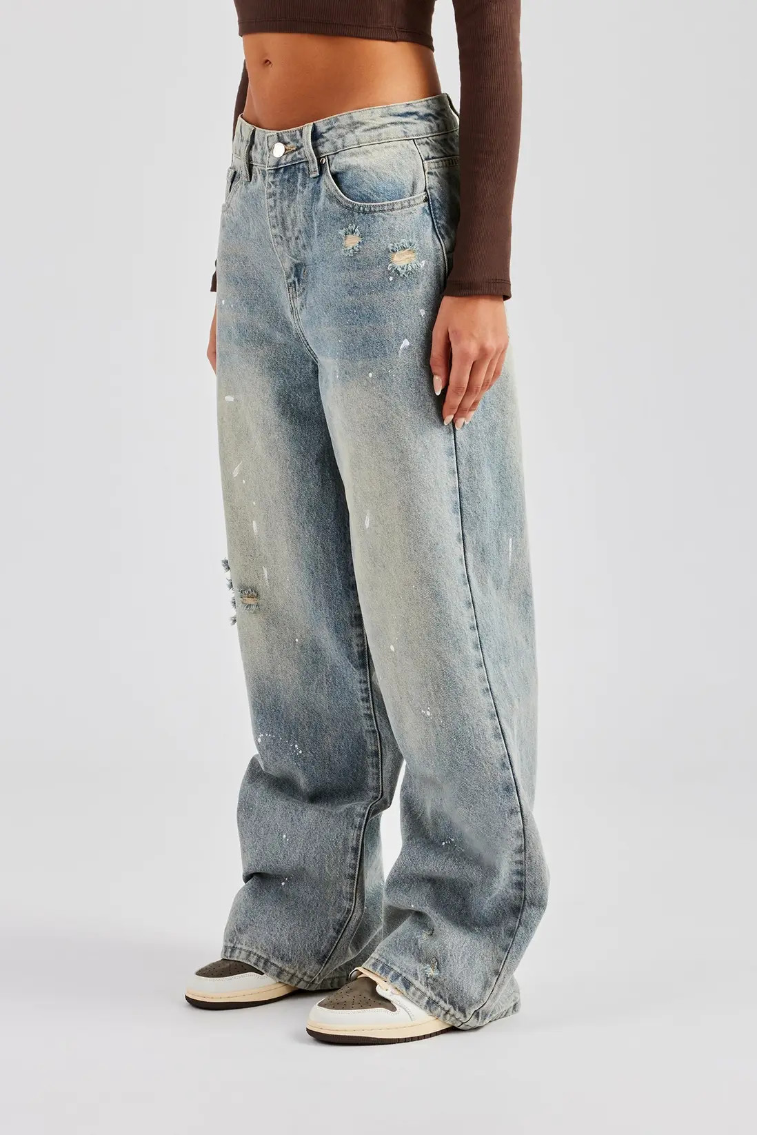 Light Blue Cernucci Distressed Paint Splatter Baggy Jean - Antique Wash | Boohoo | Boohoo.com (UK & IE)
