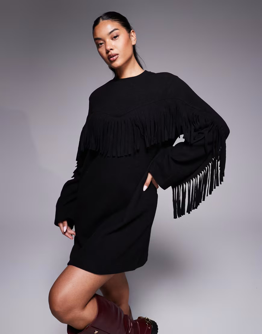 ASOS DESIGN supersoft fringe detail mini dress in black | ASOS (Global)
