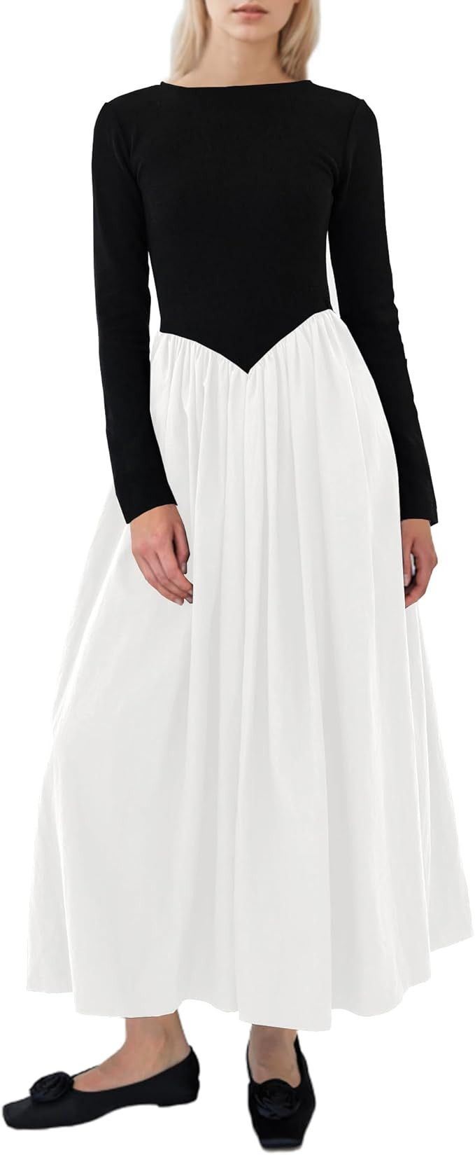 Women Boat Neck Long Sleeve Maxi Dresses Slim Fit Drop-Waist Patchwork Dress Flowy Swing Fall Lon... | Amazon (US)