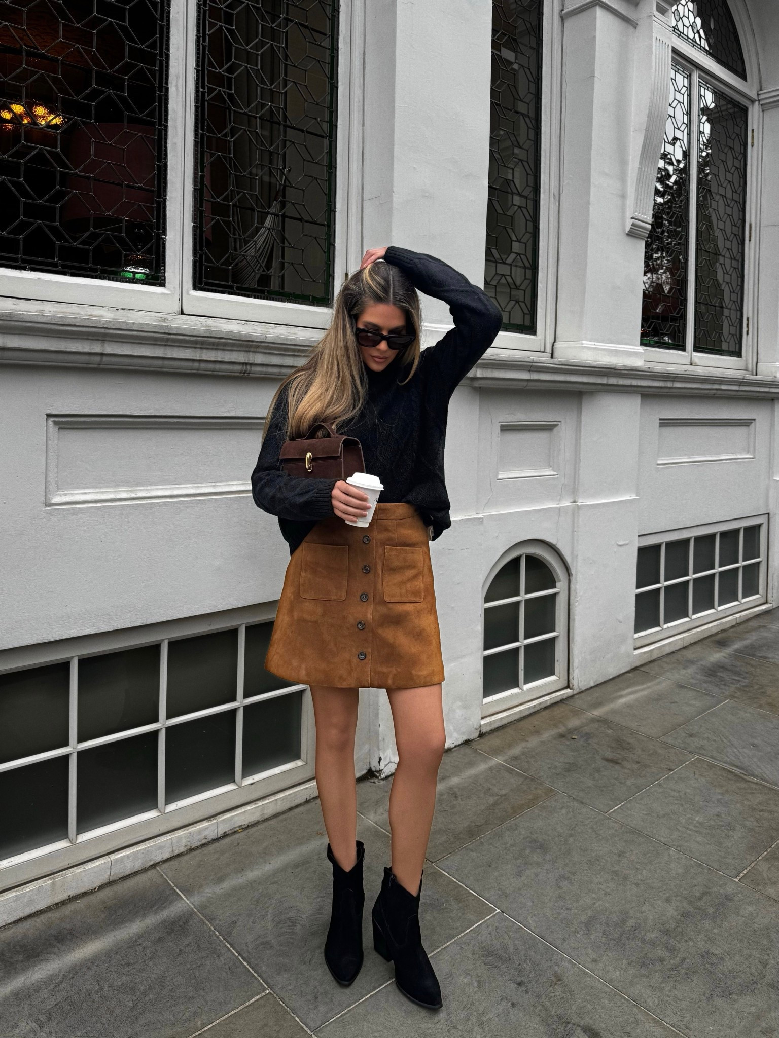Autumn suede skirt & boots 
Black knit 