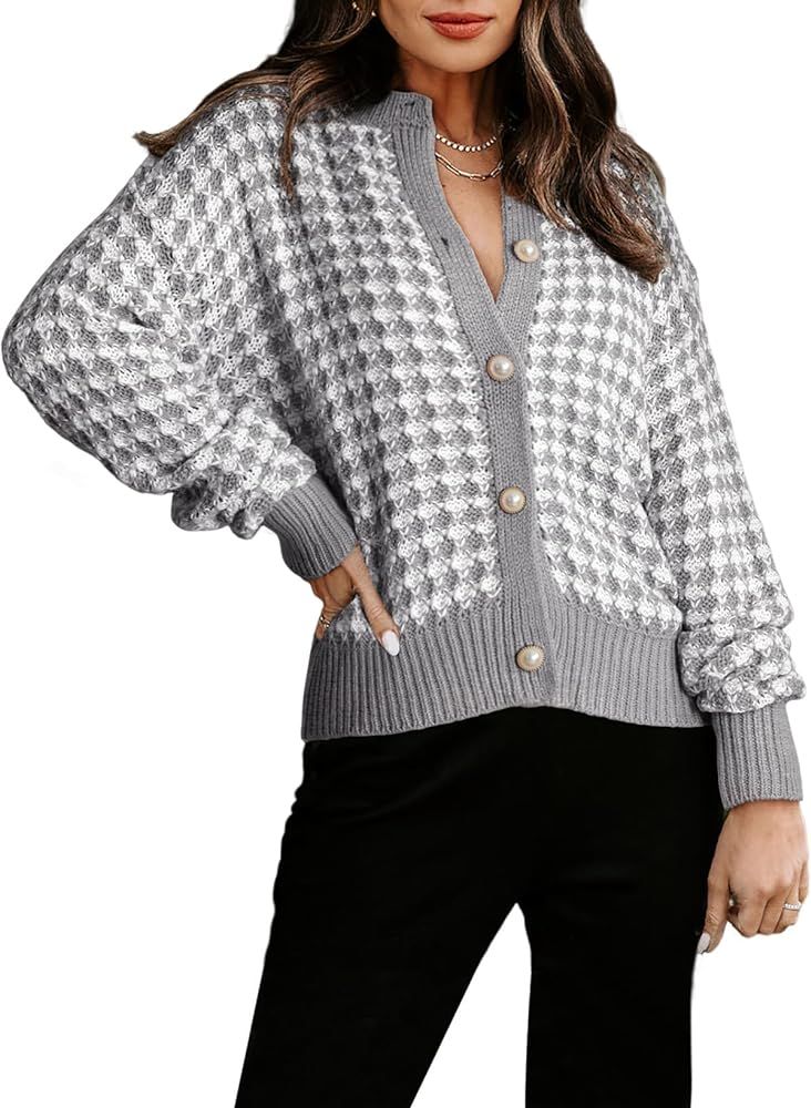 Cardigan Sweaters for Women V Neck Button Down Long Sleeve Plaid Knit Cardigans Sweater Tops | Amazon (US)