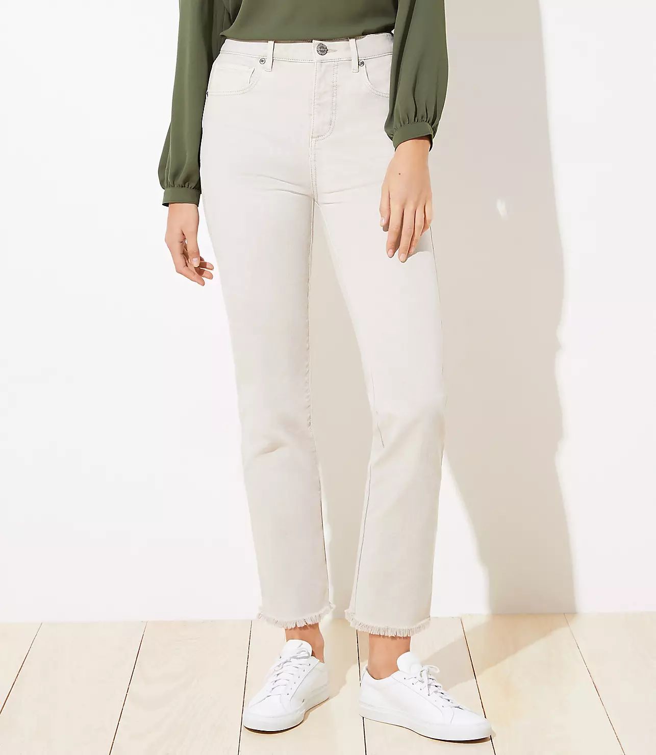 Frayed High Rise Straight Crop Jeans in Soft Oyster | LOFT