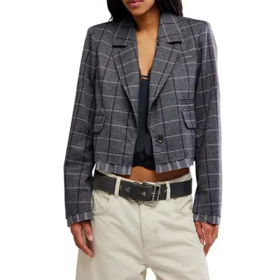 Free People Academia Cropped Blazer in Charcoal Combo at Nordstrom, Size X-Large | Nordstrom