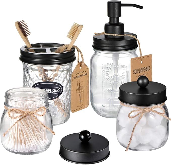 Amolliar Mason Jar Bathroom Accessories Set 4 Pcs -Lotion Soap Dispenser & 2 Cotton Swab Holders ... | Amazon (US)