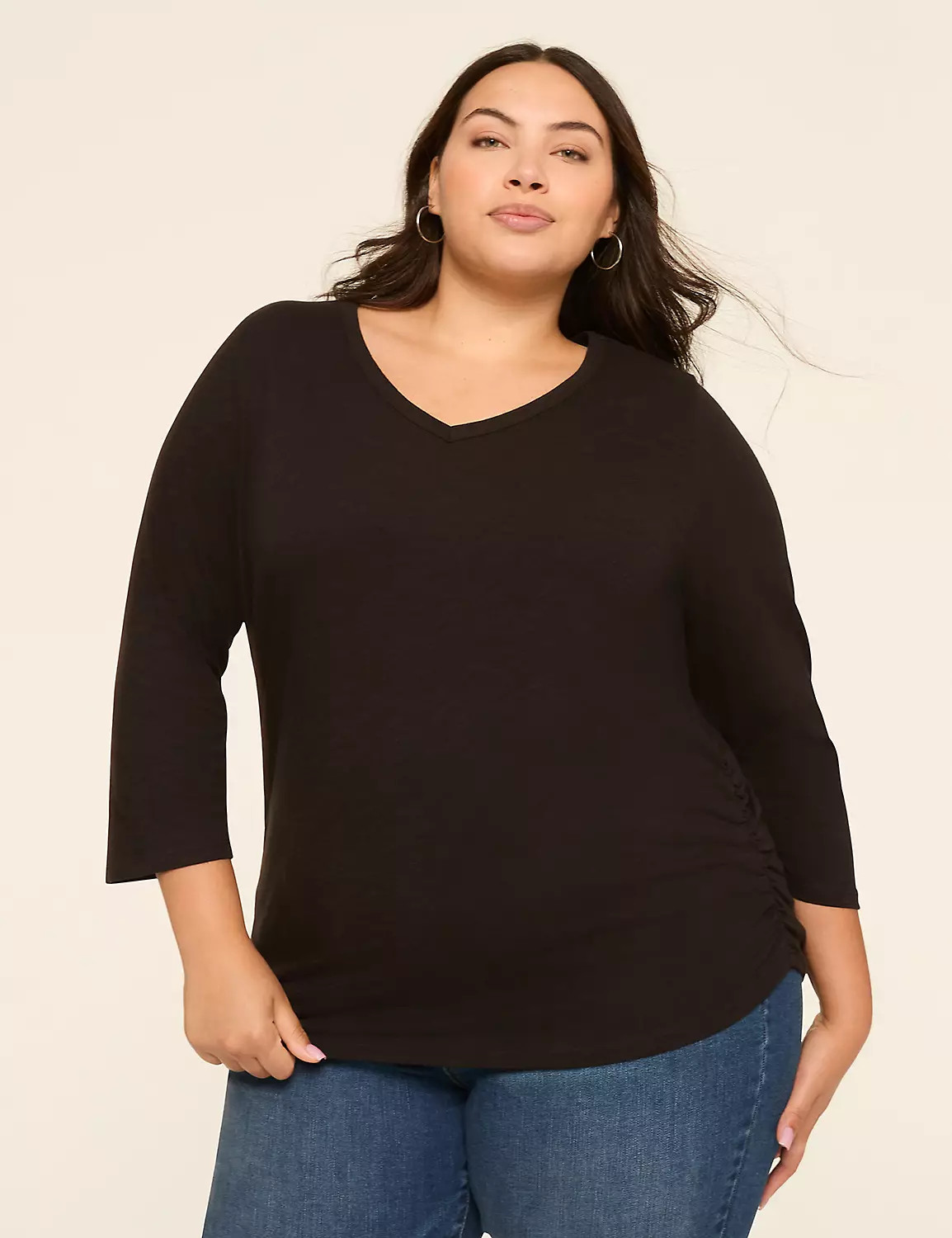3/4-Sleeve V-Neck Side-Ruched Top | LaneBryant | Lane Bryant (US)