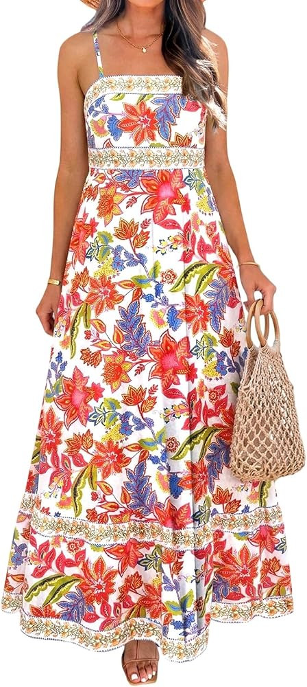 popvil Women Summer Maxi Dress 2026 Spaghetti Strap Long Beach Dress Boho A-Line Flowy Casual Sle... | Amazon (US)