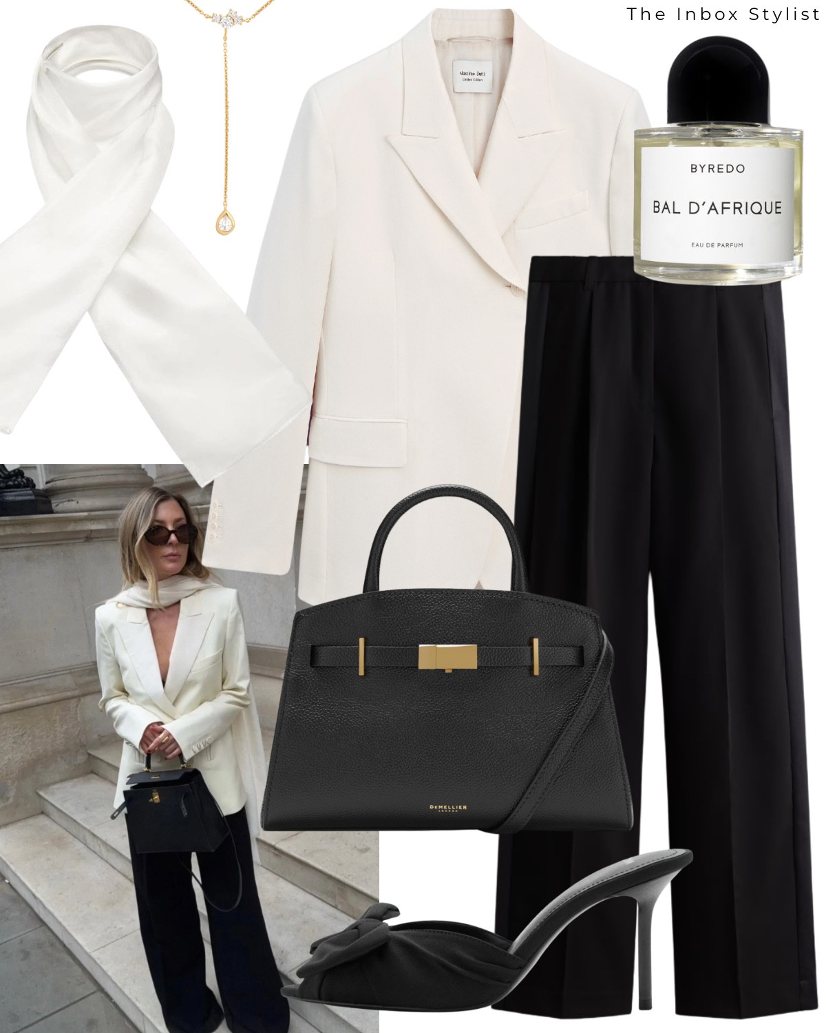 A chic monochrome party look with a silk scarf. 

Including cream blazer, black tailored trousers, perfume, black handbag, bow mule heels, silk scarf, gold drop pendant necklace  

#LTKwinter #LTKpartywear #LTKfestive