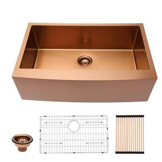 30 in. Farmhouse/Apron-Front Single Bowl 16 Gauge Gold Stainless Steel Farm Kitchen Sink with Bottom Grid | The Home Depot
