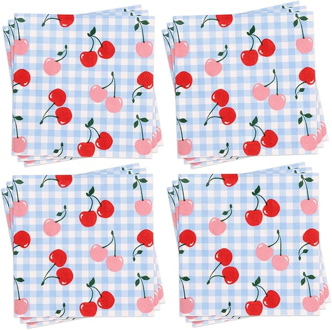 xo, Fetti Blue Gingham Cherry Napkins - 3-ply, 25 pcs | Ma Cherie Baby Shower, Cherry on Top Bach... | Amazon (US)