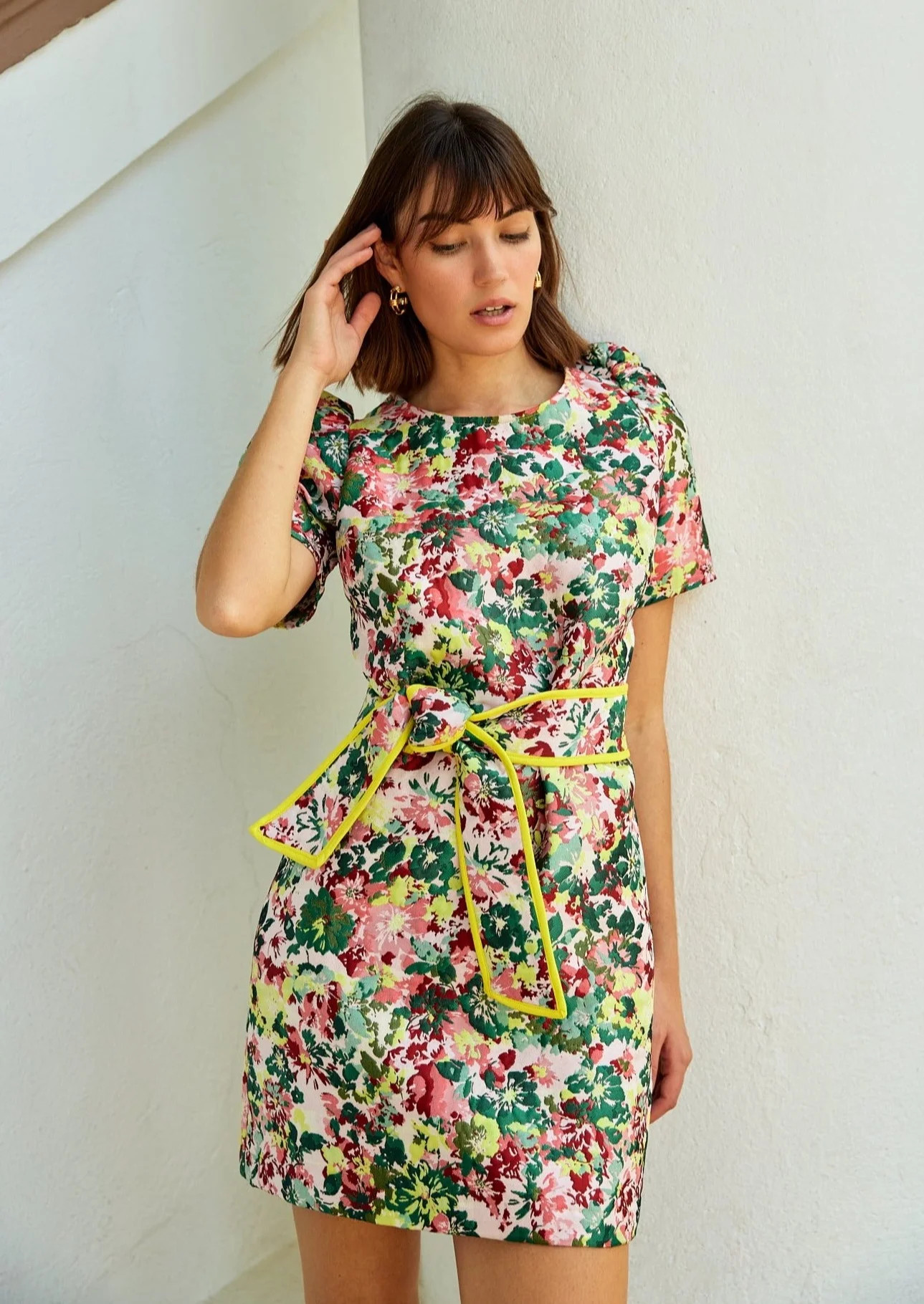 Marty Dress Red Multi Abstract Floral Jacquard | Abbey Glass