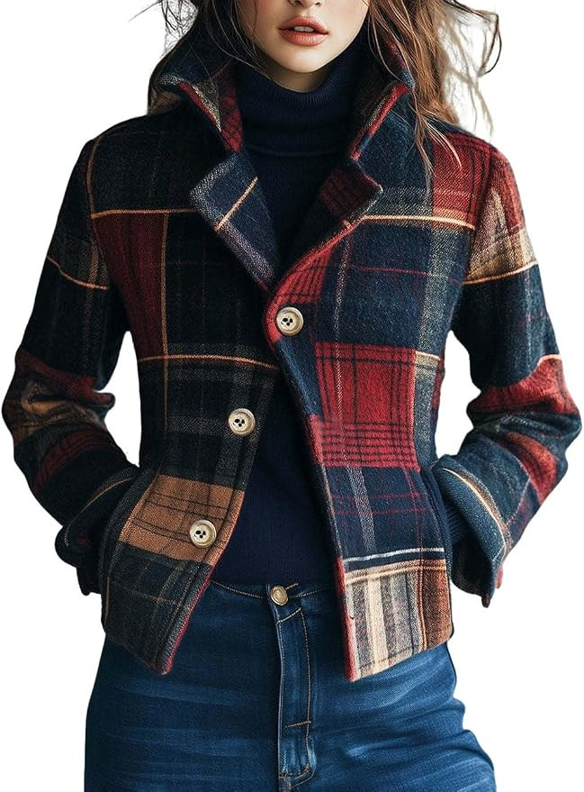 Women Short Plaid Wool Blend Jacket Crop Woo Blazer Pea Coat Crop Winter Outwear | Amazon (US)