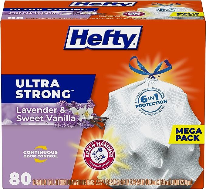 Hefty Ultra Strong Tall Kitchen Trash Bags, Lavender & Sweet Vanilla Scent, 13 Gallon, 80 Count | Amazon (US)