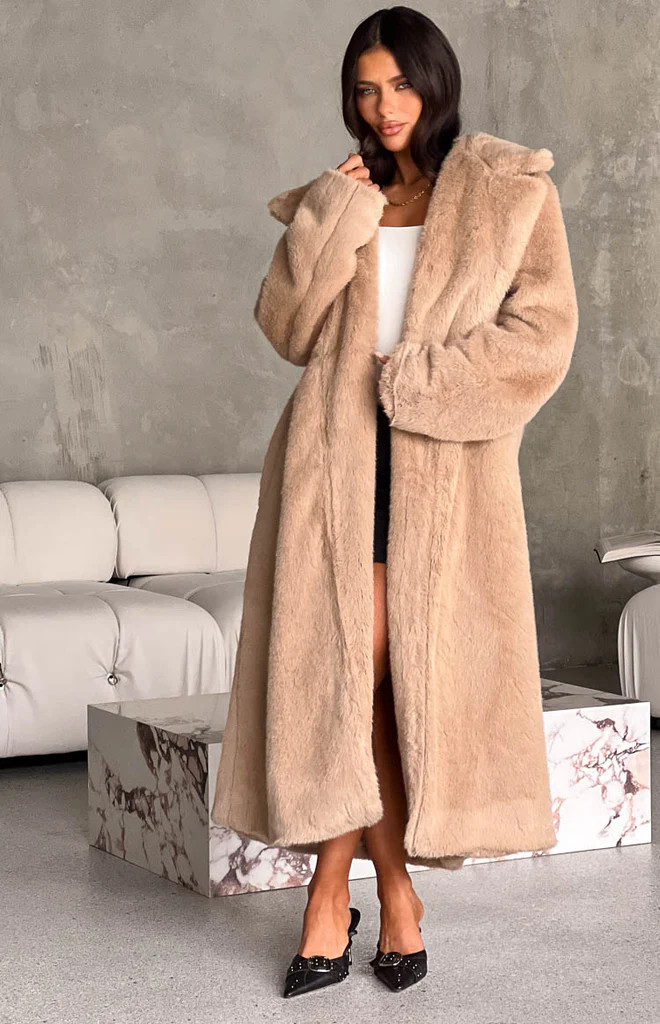 Lyrae Brown Full Length Faux Fur Coat | Beginning Boutique (AU)