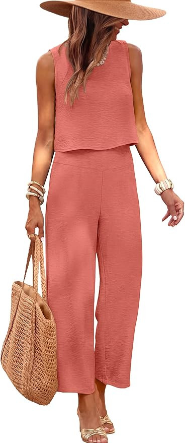 ANRABESS Women Lounge Sets 2 Piece Outfits Summer Sleeveless Crop Tops Capri Wide Leg Pants Vacat... | Amazon (US)