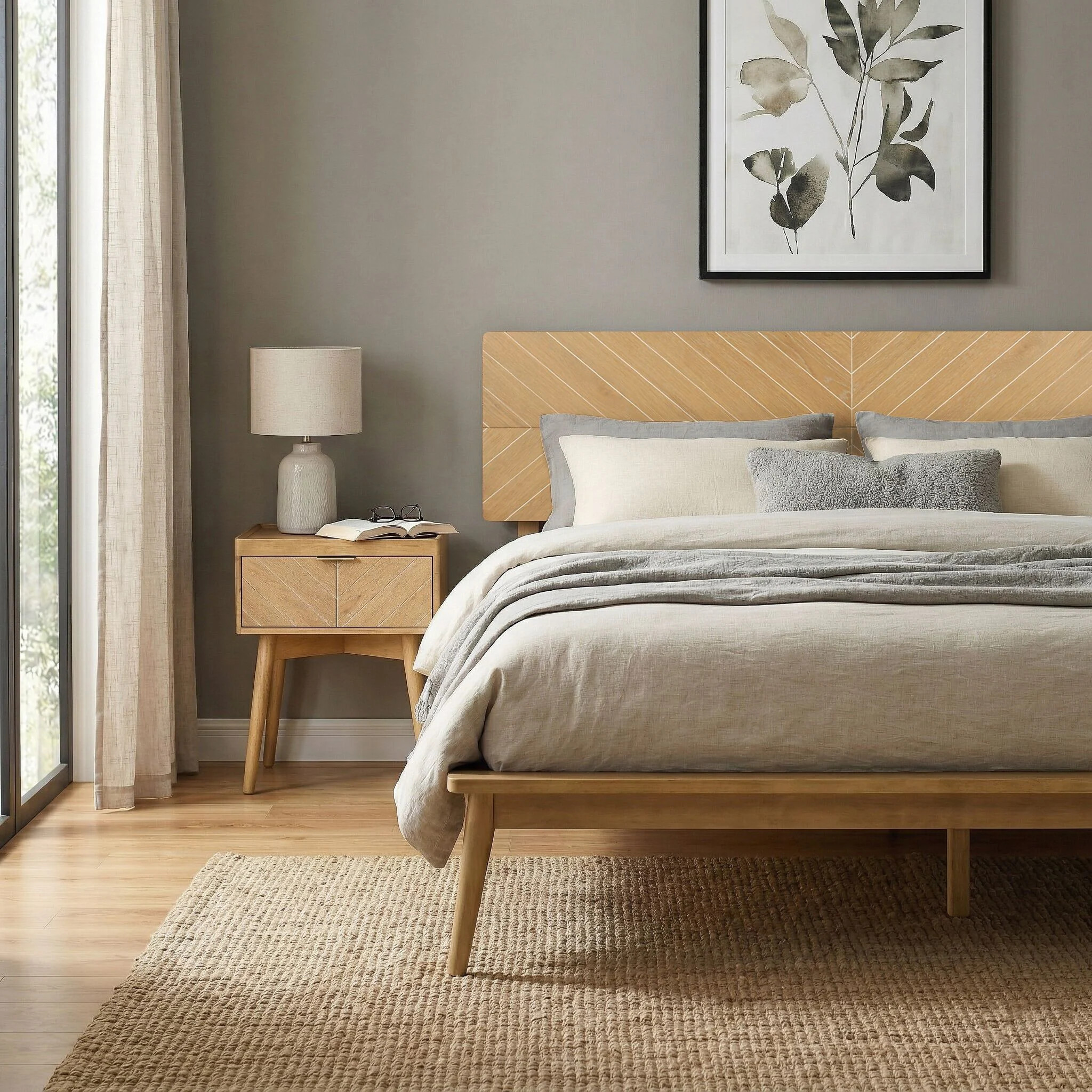 Allforwood Loki Solid Wood Bed Frame King Premium Platform Bed with Chevron Headboard Design and Wood Slat Support Light Oak one_size | 902001 | Lowe's