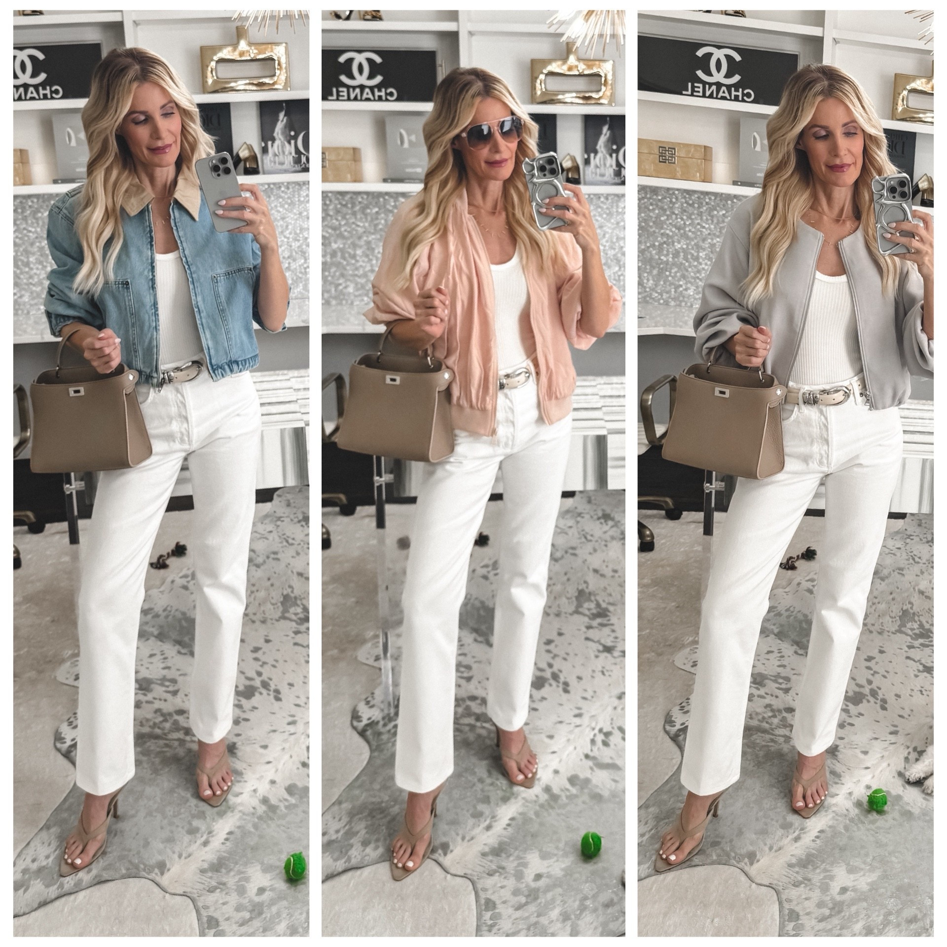 ✨✨✨The ultimate spring/summer go-to outfit formula: white tee/tank/bodysuit + perfect white denim = endless options! 

✨ I styled my favorite A Gold E high-waisted straight-leg jeans three ways:

1️⃣ Cropped khaki denim jacket – casual & chic
2️⃣ Pink lightweight bomber – fresh, spring-ready color
3️⃣ Cropped gray bomber – on major sale, under $100!

Everything runs true to size: XS in jackets, 24 in jeans. Which look is your fave?

#LTKgrwm #LTKootd #LTKOver40