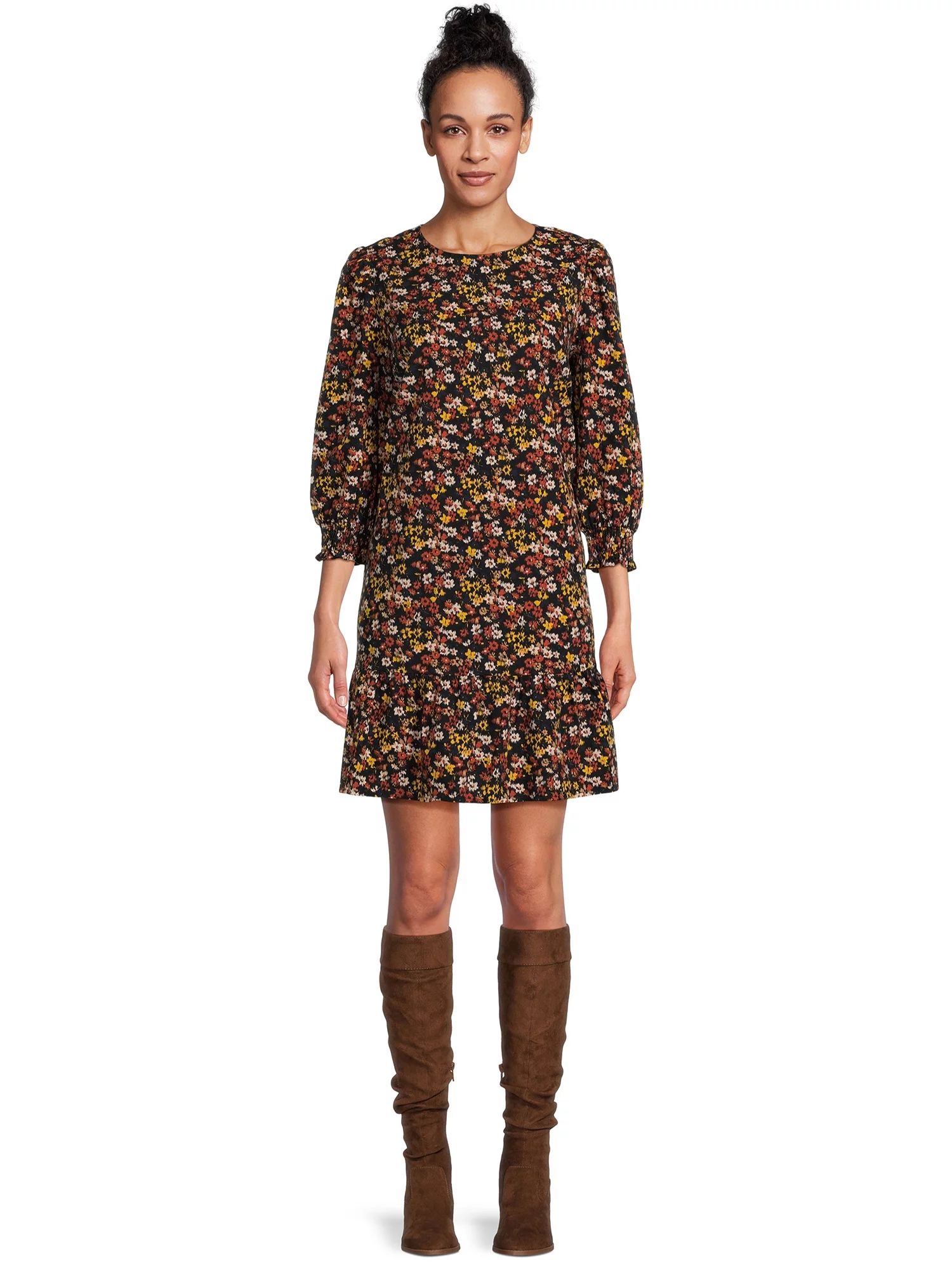 Time and Tru 3/4 Sleeve Floral Print Mini Dress, Womens | Walmart (US)