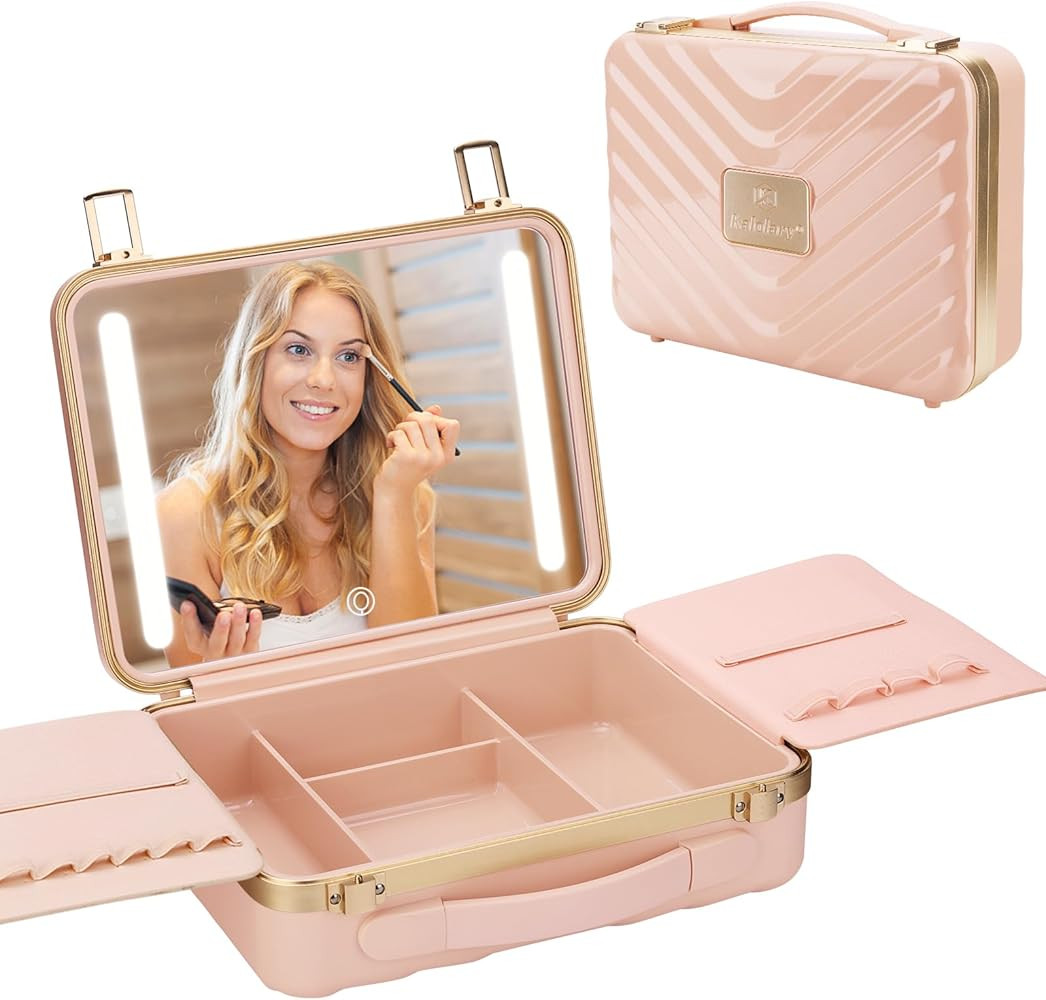Kalolary Travel Makeup Train Cases with Lighted Mirror 3 Color Setting, Makeup Bag Cosmetic Case ... | Amazon (US)