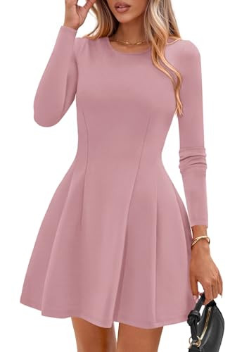 PRETTYGARDEN Long Sleeve Mini Dress for Women 2025 Fall Crewneck Knit Pleated Babydoll A Line Soft Casual Short Party Dresses (Pink,X-Small) | Amazon (US)