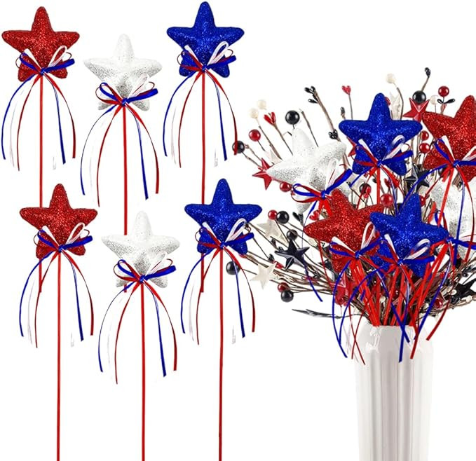 6 Pcs 4th of July Glitter Puffy Star Picks Foam Sparkly Sticks for Americana Independence Day Par... | Amazon (US)