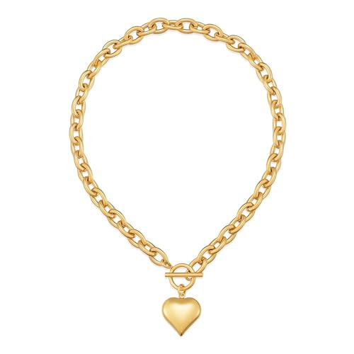 TOVABA Vintage Heart Necklaces for Women Chunky Matte Gold Chain with Big Puffy Heart Pendant Toggle Necklace | Amazon (US)