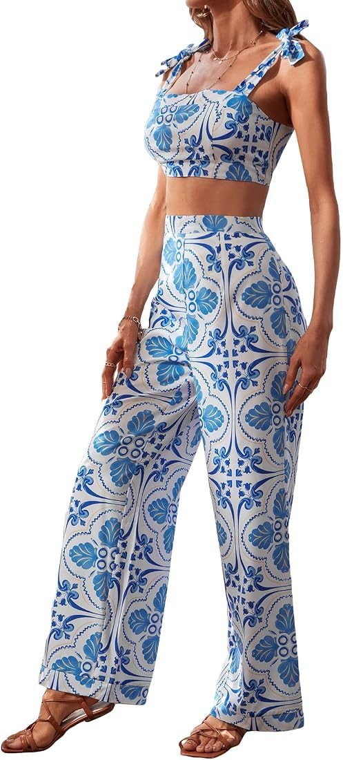 Women's 2 Piece Floral Print Knot Shoulder Zip Back Crop Cami Top & Pants Set XS | Amazon (US)