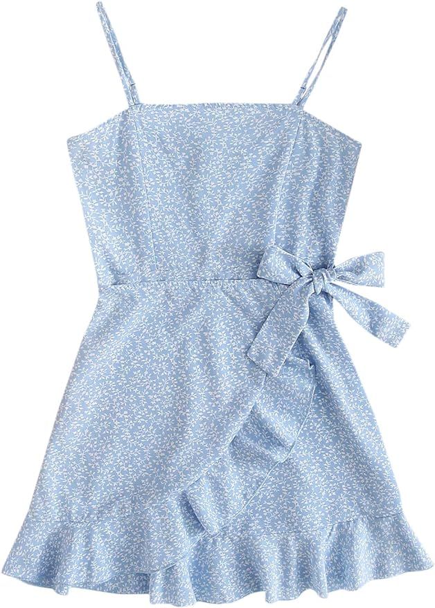 SOLY HUX Girl's Spaghetti Strap Ditsy Floral Print Ruffle Trim Tie Side Mini Dress | Amazon (US)
