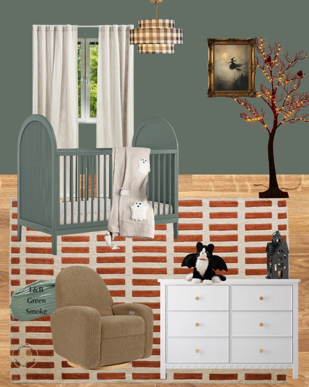 Fun Halloween nursery mood board! Green crib, white dresser, boucle recliner, checkered pendant light, orange rug, fun Halloween decor and art from Etsy. #homedecor #nursery 

#LTKHalloween #LTKBaby #LTKHome