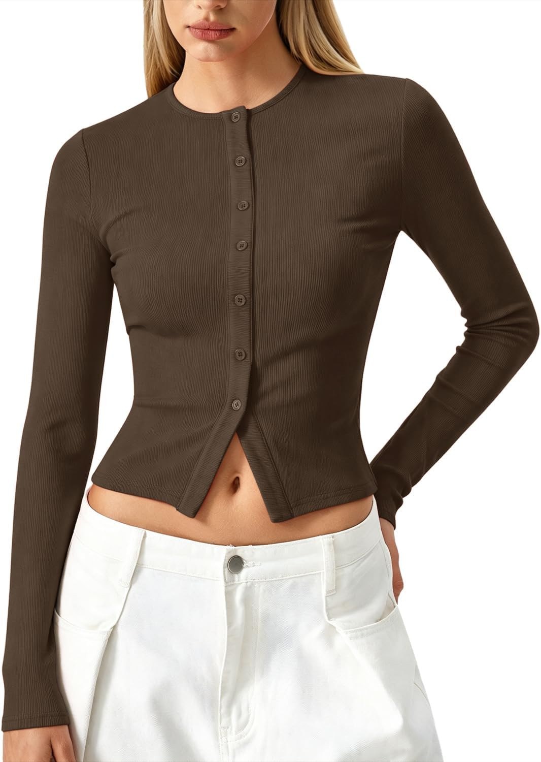 QINSEN Women's Long Sleeve Crewneck T Shirts Ribbed Button Crop Top Going Out Tops | Amazon (US)