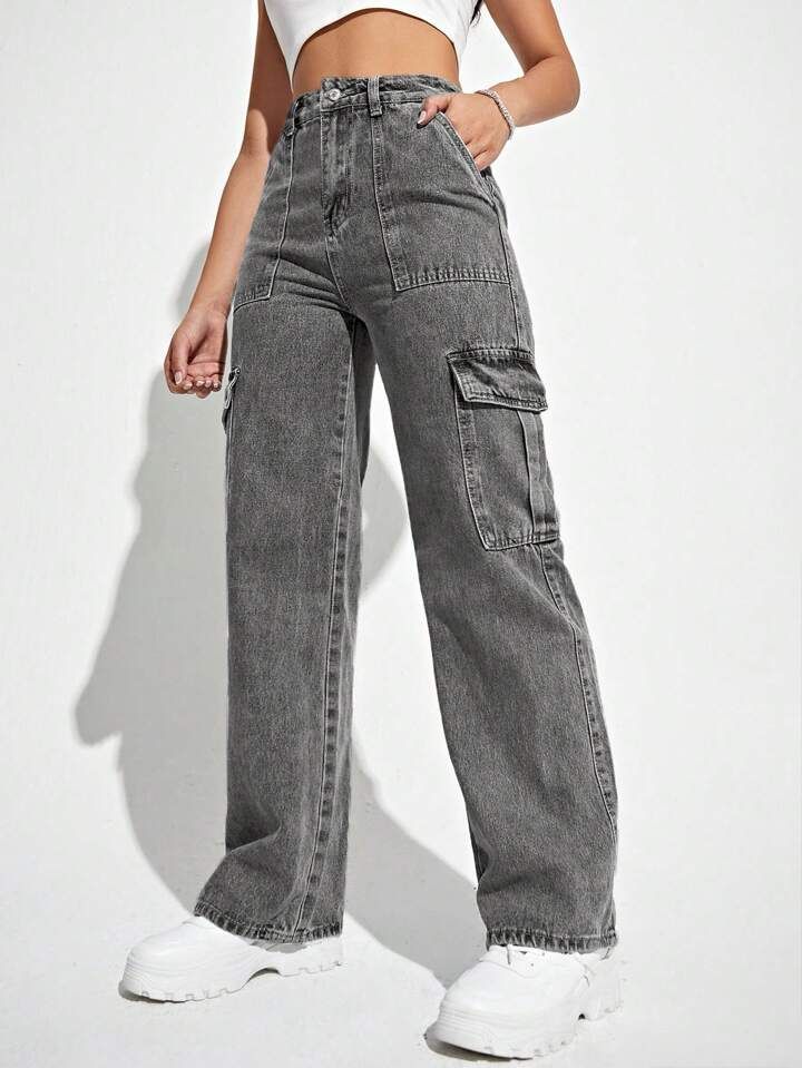 SHEIN High Waist Flap Pocket Cargo Jeans | SHEIN