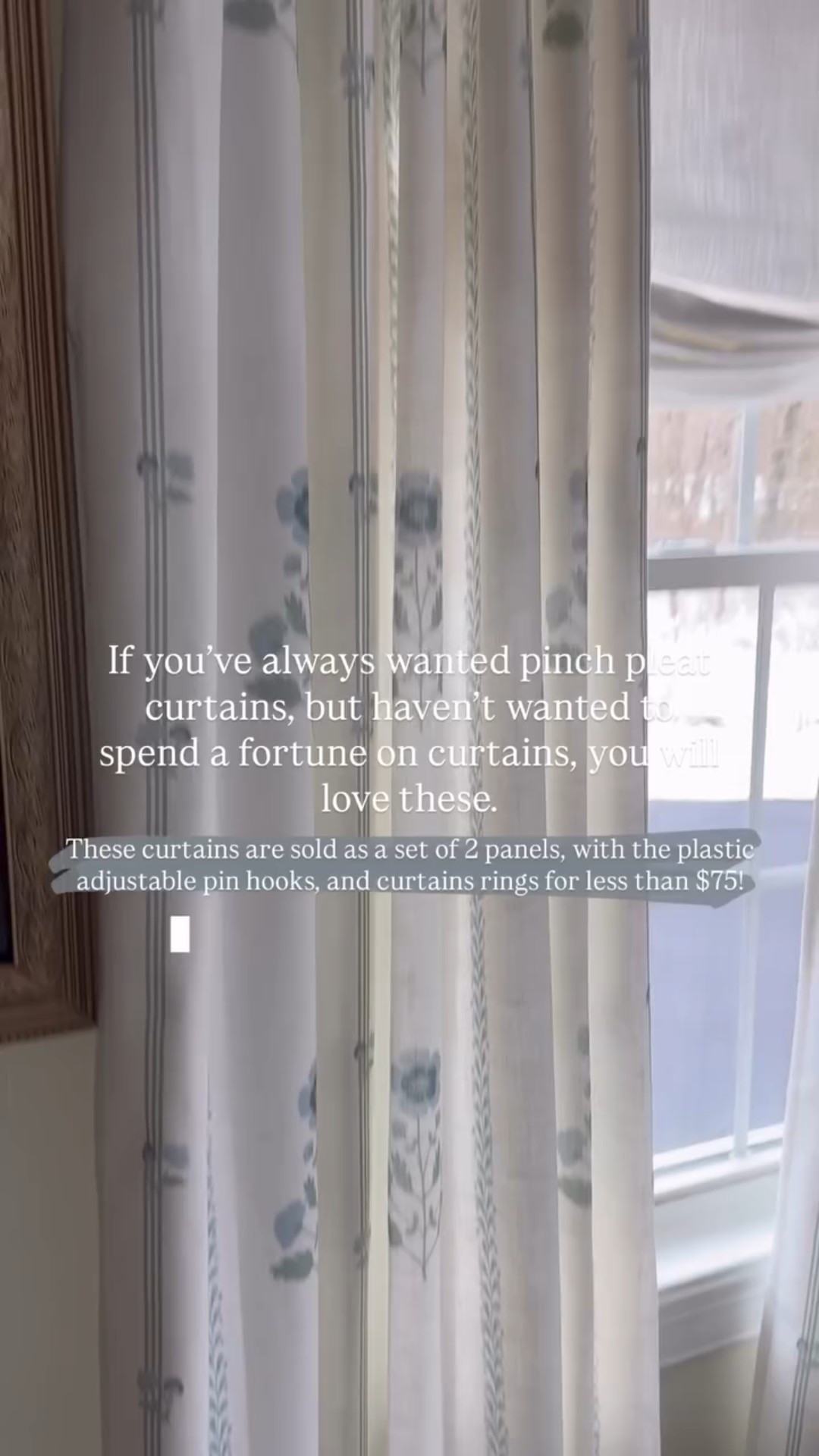 If you’ve always wanted pinch pleat curtains, but haven’t wanted to spend a fortune on curtains, you will love these. These curtains are sold as a set of 2 panels, with the plastic adjustable pin hooks, and curtains rings for less than $75!