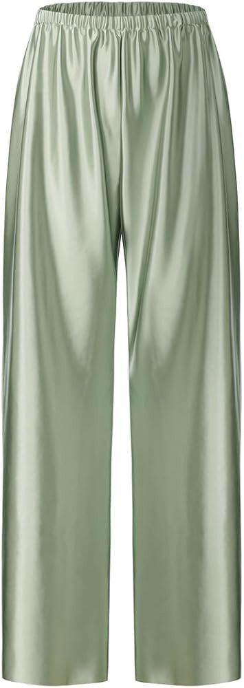 Women Satin Wide Leg Dress Pants Silk Casual Dressy Long Flowy Pants Elastic High Waisted Trouser... | Amazon (US)