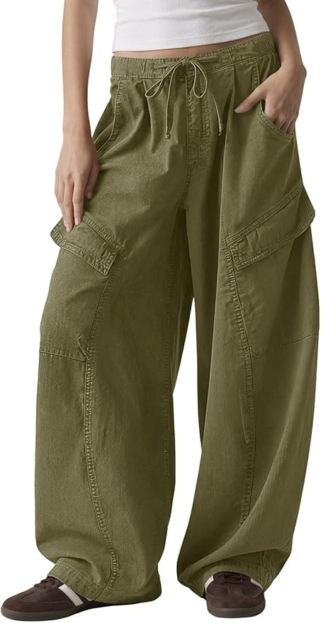 Fisoew Womens Barrel Baggy Cargo Pants Elastic Waist Wide Leg Casual Pants Y2K Streetwear with Mu... | Amazon (US)