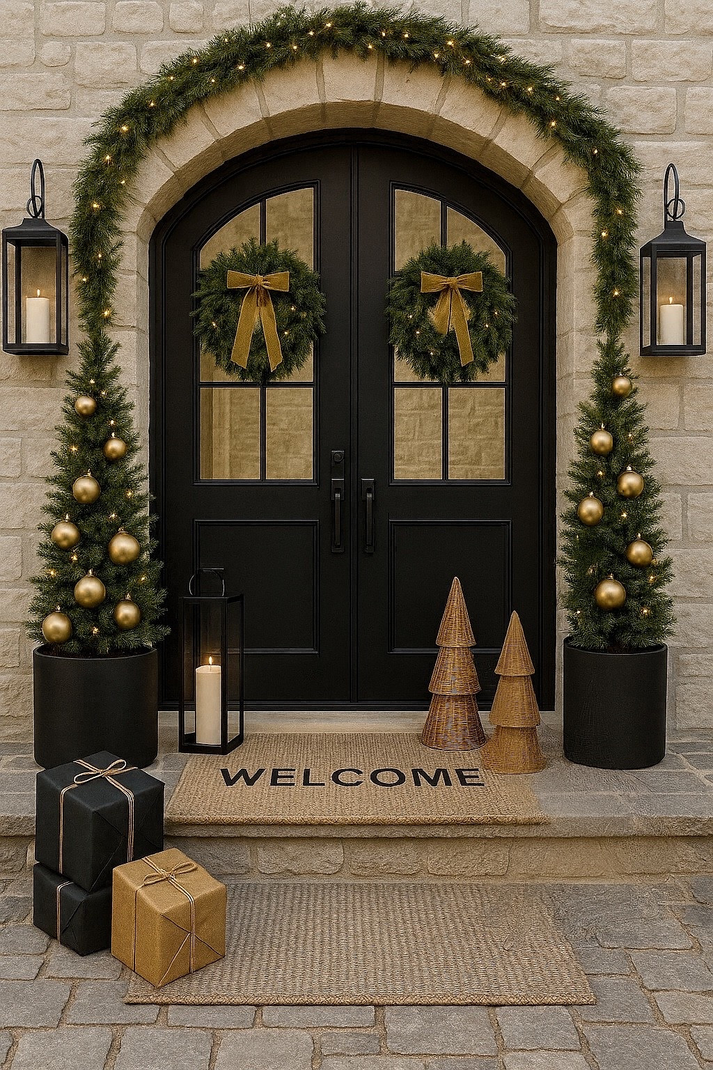 Chic neutral holiday front porch decor with gorgeous outdoor rattan trees!
Christmas porch decor, front door wreath, pine garland, outdoor rug, outdoor Christmas tree, rattan, outdoor wall sconce , exterior light, black, beige, gold Christmas tree ornaments, outdoor cedar trees, planter pots, outdoor candle lanterns, organic modern, transitional, minimalist, earthy, Pottery Barn style, Crate & Barrel aesthetic, Amazon home, 2025 trends 


#LTKSaleAlert #LTKHome #LTKHoliday