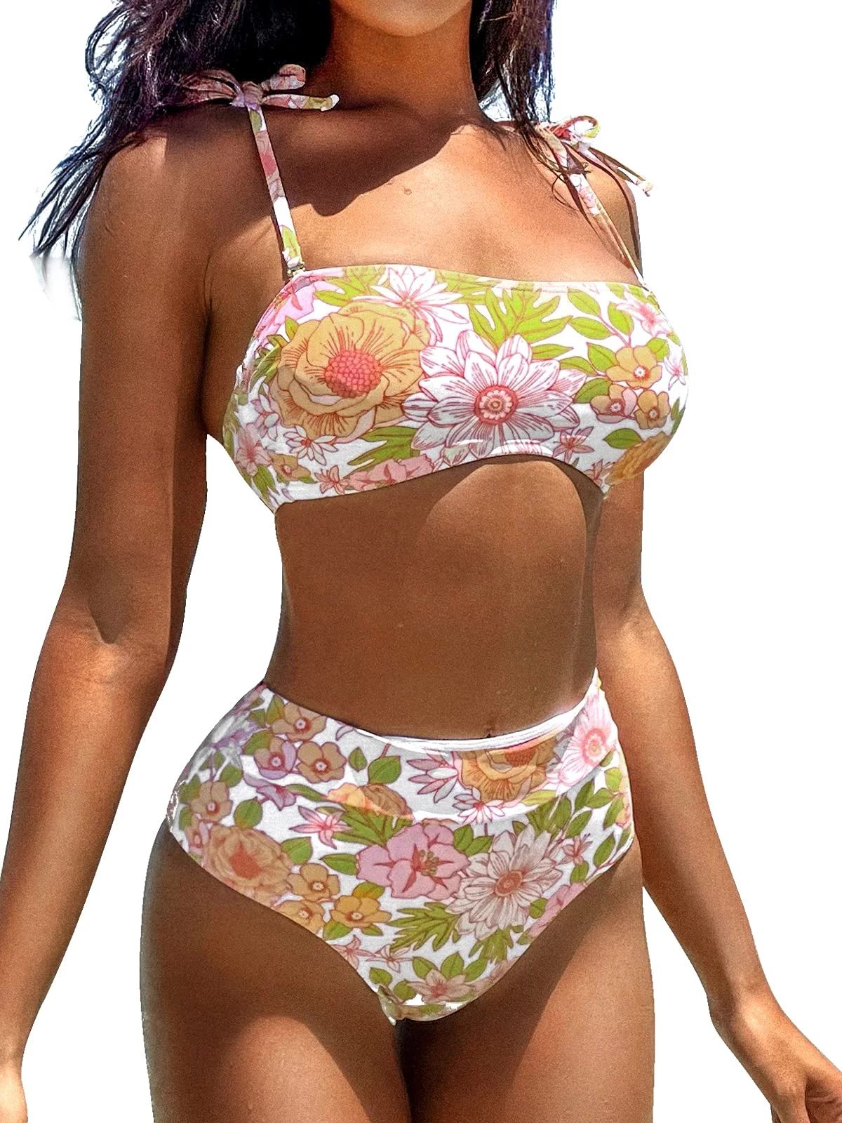 Women's 2 Piece Adjustable Straps Bikini Swimsuit Mid Waist Bathing Suits with Ditsy Floral Print... | Walmart (US)
